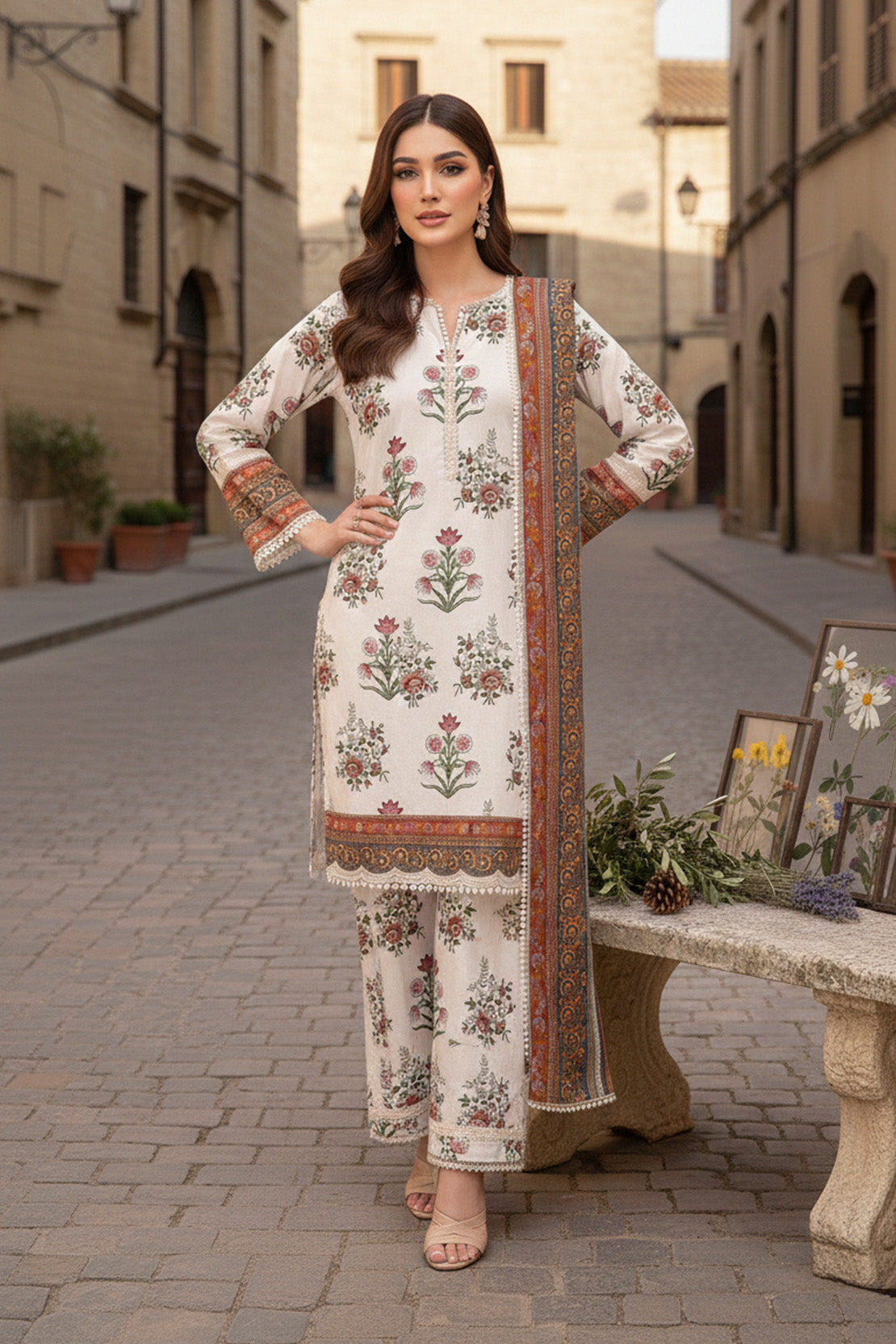 Printed - 3 Pc Slub Karandi Suit