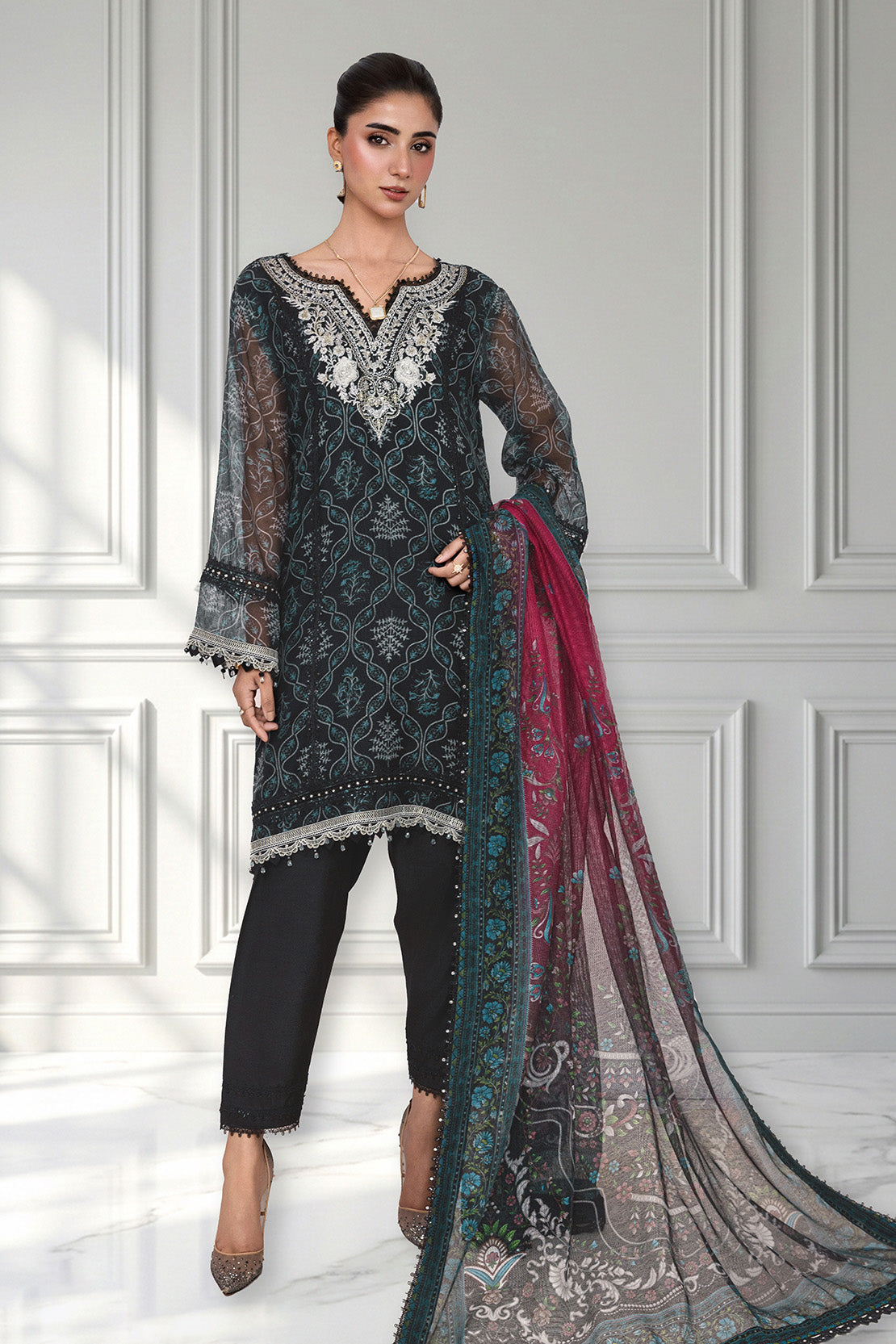Embroidered - 3 Pc Cotton Net Suit
