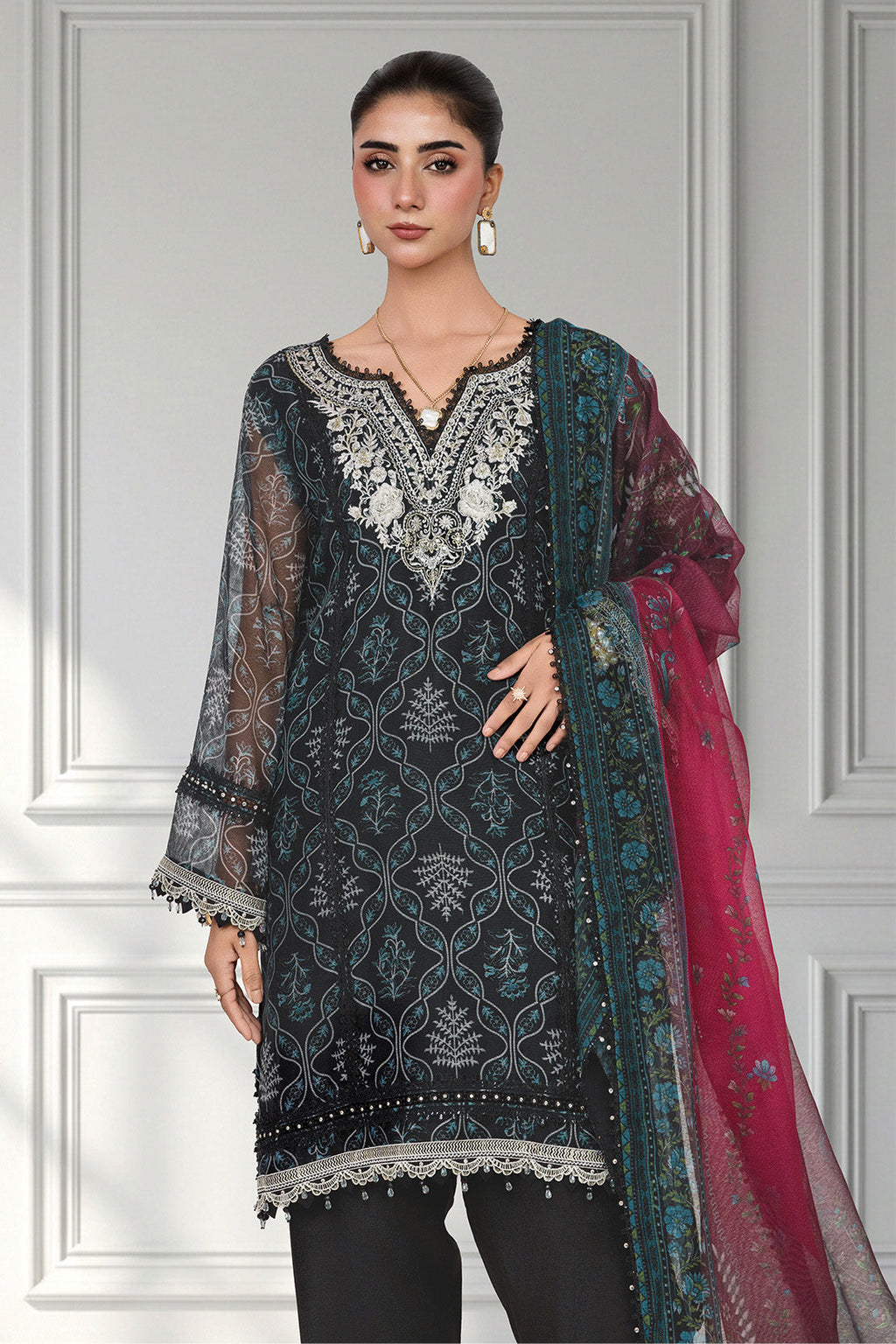 Embroidered - 3 Pc Cotton Net Suit