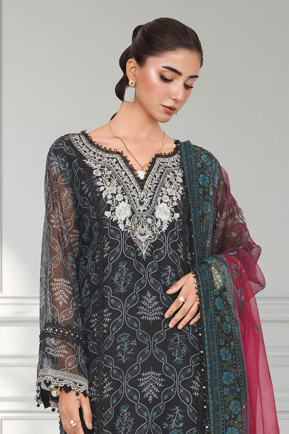 Embroidered - 3 Pc Cotton Net Suit