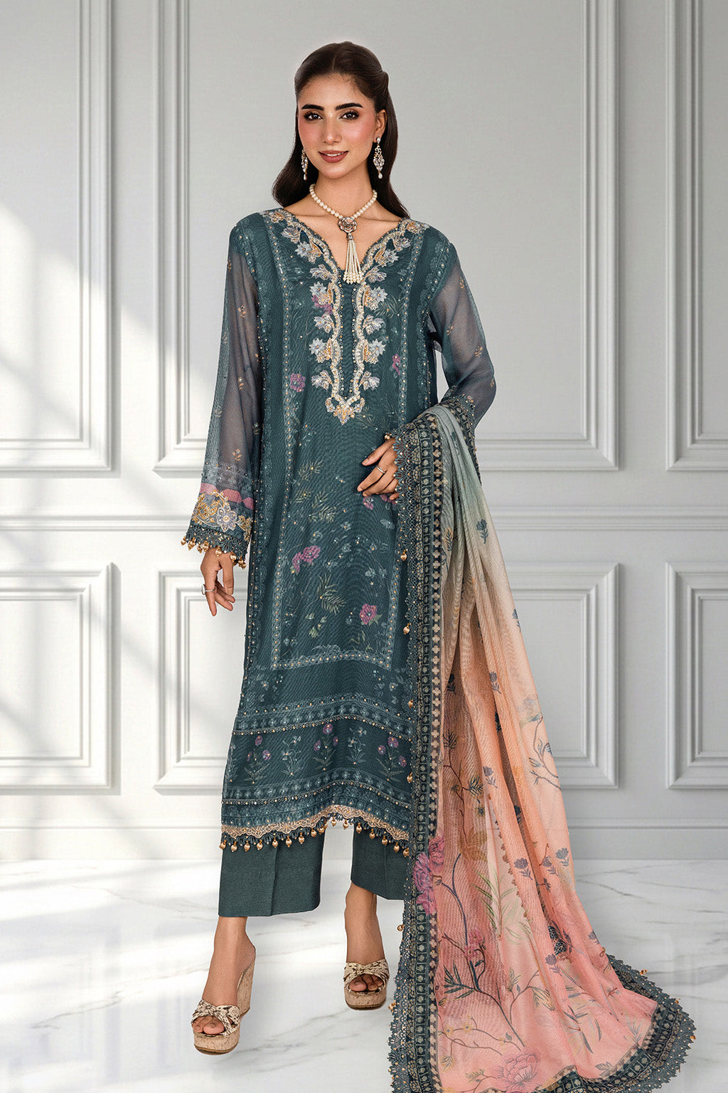 Embroidered - 3 Pc Cotton Net Suit