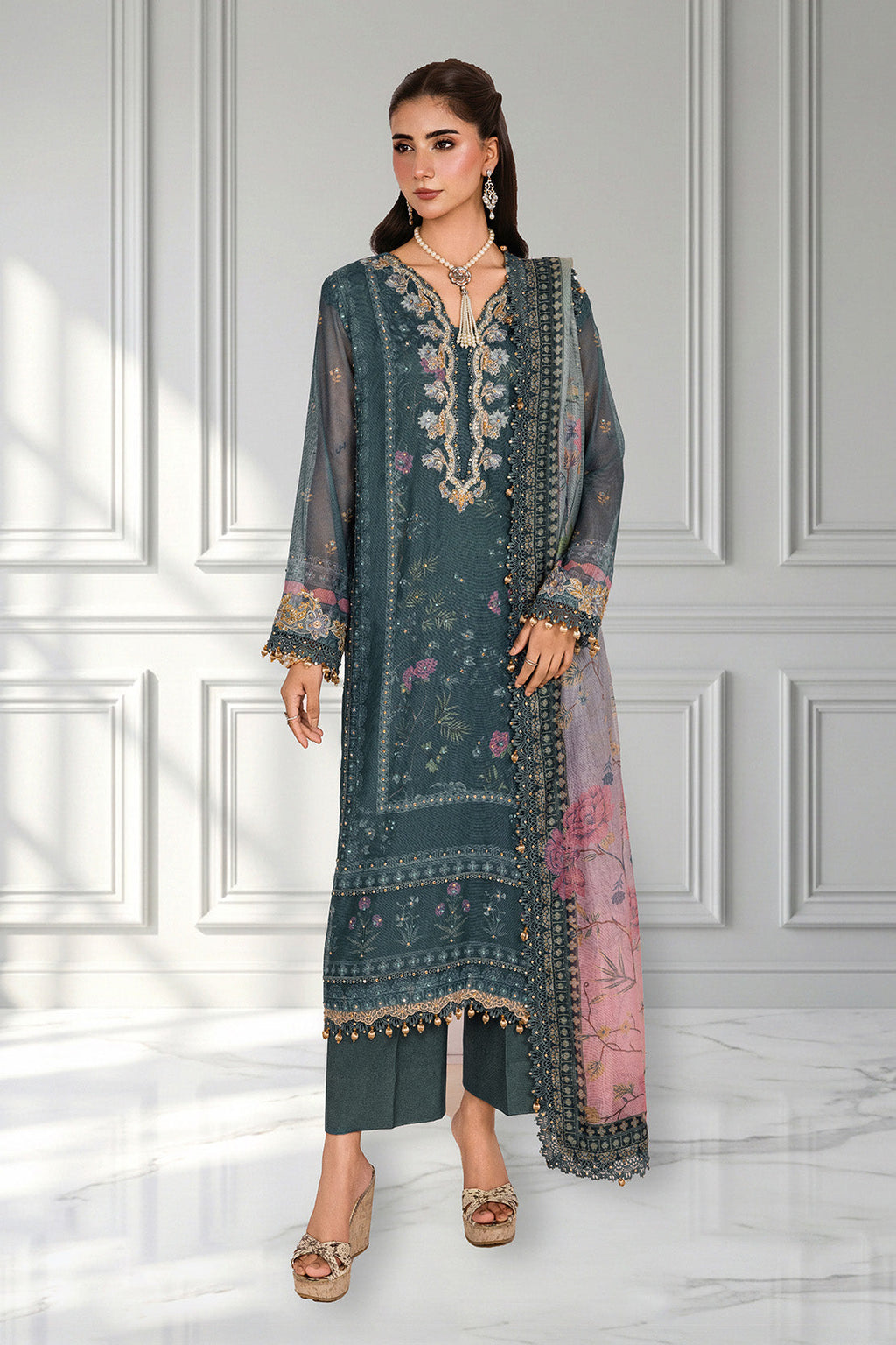 Embroidered - 3 Pc Cotton Net Suit