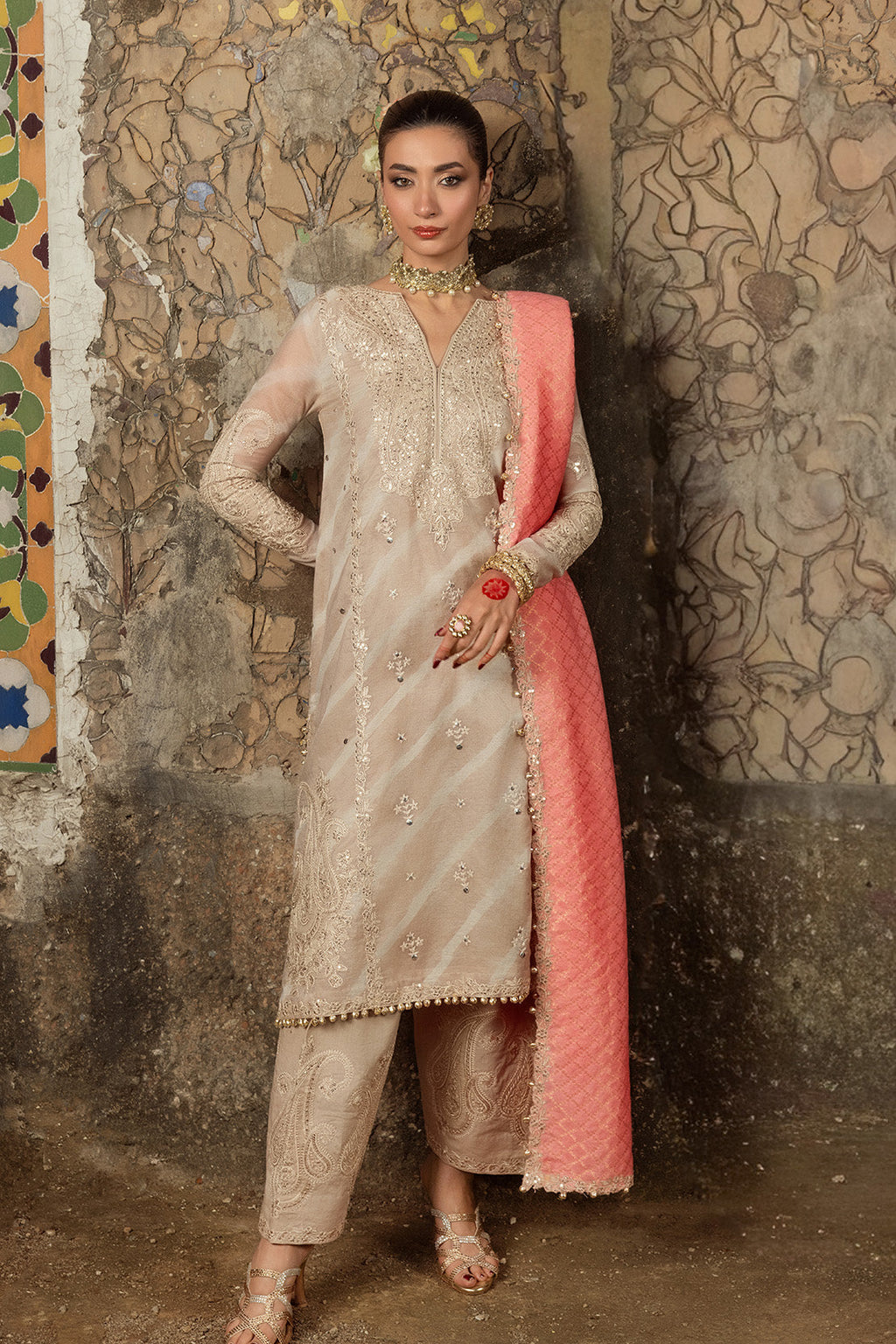 LEHER – 3PC PAPER COTTON, SILK LAWN & ZARI JAMAWAR WEDDING FESTIVE PRET