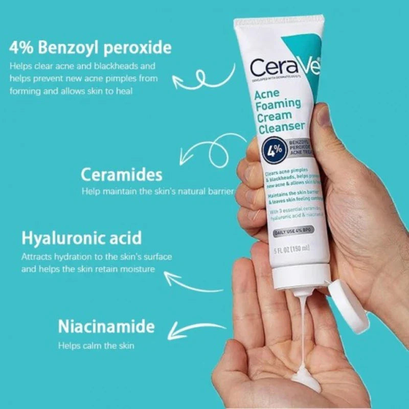 CeraVe Acne Foaming Cream Cleanser 4 Percent Benzoyl Peroxide Acne Treatment - 150ml